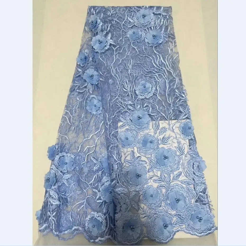 Небесно-голубой цвет французский чистая кружева 3D Цветы Тюль кружевная ткань с бисером для леди свадебная одежда 30