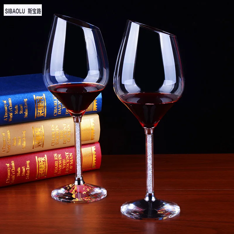 Image New arrival Beveled Crystal Wine glasses in pair with crystal base and moving crystal stem, wedding gifts  goblet glasses