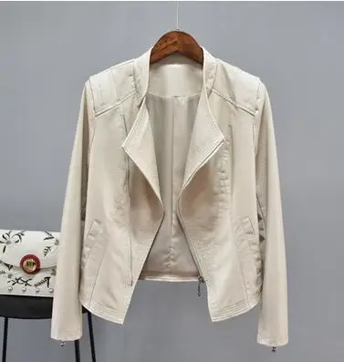 Новинка, женская кожаная куртка, Весенняя осенняя одежда, тонкая мотоциклетная куртка из искусственной кожи, женская короткая куртка на молнии, модные топы, пальто 2030 - Цвет: creamy-white
