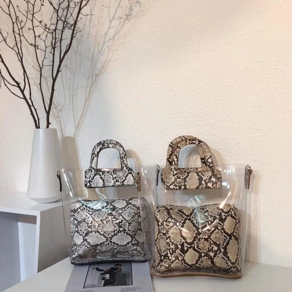 

Retro Serpentine Transparent Women's Bag Clear Pvc Jelly Bag Top Handle Women Handbag Casual Shoulder Messenger Bag Tote Purses
