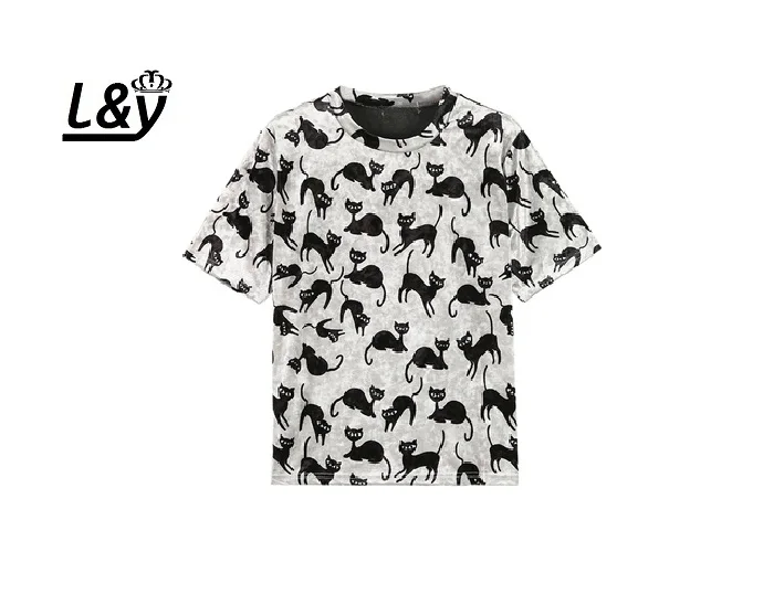 L &amp Y Vogue стильная плиссированная футболка с рисунком кота для женщин Vestido
