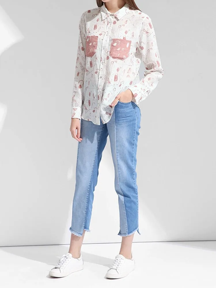

Silk Women Blouse Childlike Graffiti Print ladies shirt top Long Sleeve Turndown collar blouses and tops Shirts with pockets