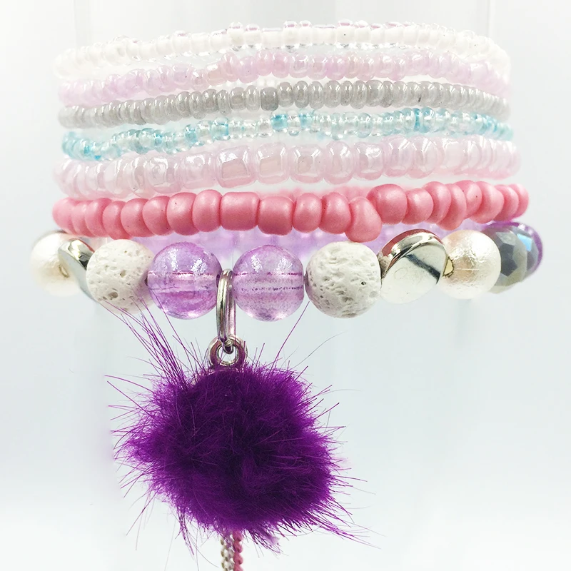 

7pcs/set female Vintage Boho Charm Bracelets Bangle Women pom pom Bracelet elastic multilayer crystal Bead Bracelet Jewelry