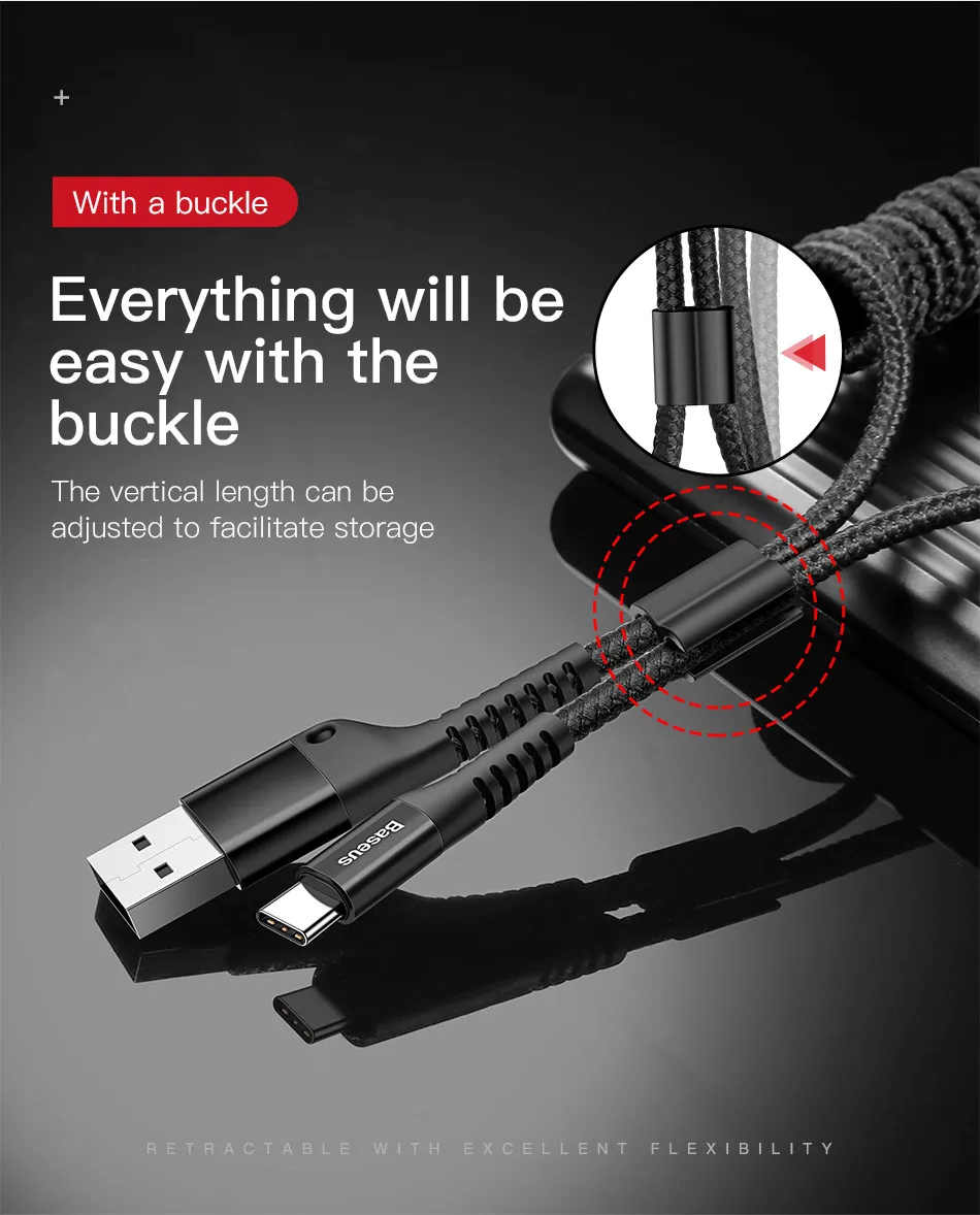 Выдвижной пружинный usb-кабель Baseus type-C для samsung S10 S9 S8 Xiaomi Mi 9 8 USB-C, быстрое автомобильное зарядное устройство USBC type-C