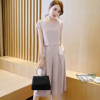 

2 Pcs/Set Short Sleeve Tops + Calf Length Loose Pants Sets Women Summer Casual 2PCS Loose Suits Solid Slim Office Work Suits