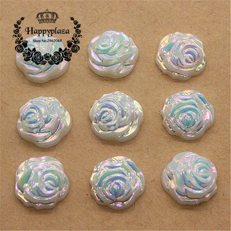 100pcs 12mm Resin ABS Fake Pearls Ivory AB Rose Flower Flat Back
