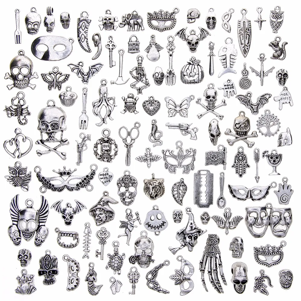 

100Pcs/Set Mixed Tibetan Silver Snowflake Moon Halloween Skull Charm Pendants Jewelry Diy Findings Accessories Handmade #253163
