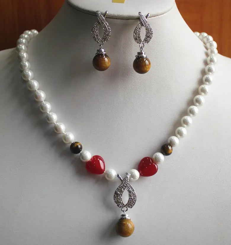 

charm Jew.657 Chqrming 8mm White Shell Pearl Necklace Tiger Eye Earring Pendant Jewelry Set