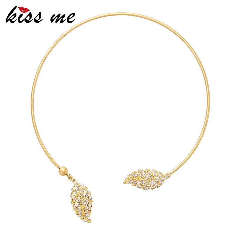 Women Necklace Torques Inlay Rhinestone Leaves Jewelry KISS ME