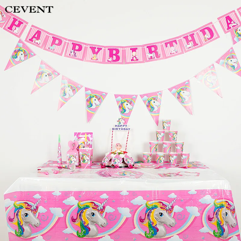 

CEVENT Pink Unicorn Theme Party Decorations Popcorn Candy Box Invitation Card Disposable Tableware Set Birthday Party Supplies