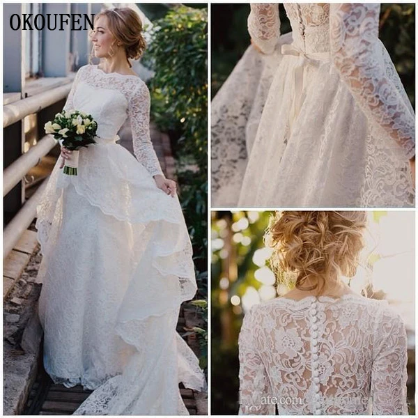 

Lace Wedding Dresses 2019 Detachable Train Ribbon Sashes vestido de noiva Long Sleeves robe mariage Spring Country Bridal Gowns