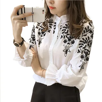 

S-5XL Plus Size Blouses Long Sleeve Women Shirts OL Fashion Large Size Casual Loose Flower Embroidered Chiffon Women Blouse Tops