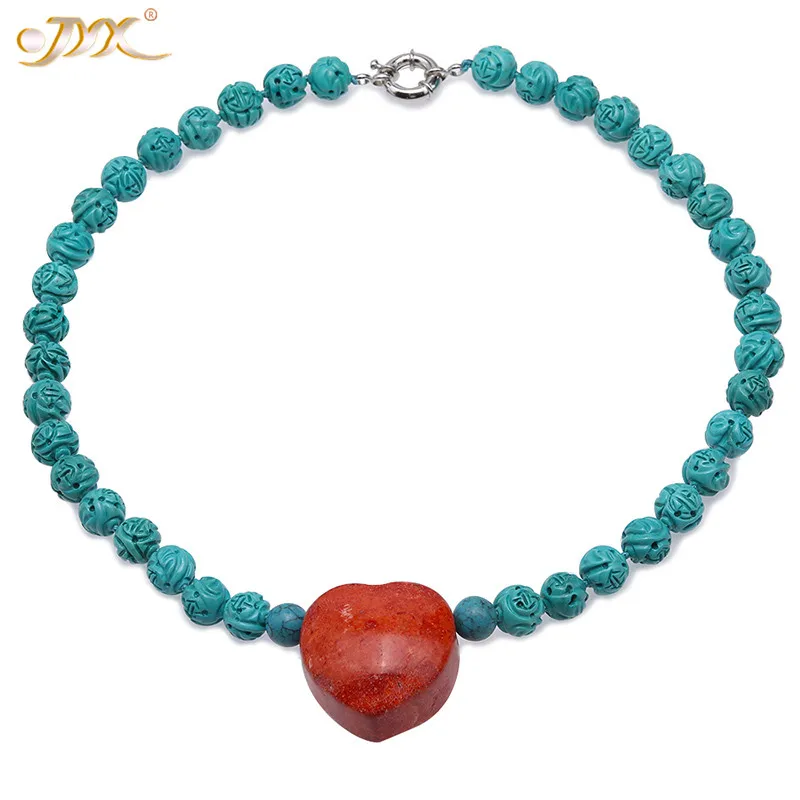 

JYX Bohimia style Turquoise Necklace 10.5-11mm Blue Faceted Turquoise dotted a Red Heart-shape Coral Pendant 20" beautiful coral
