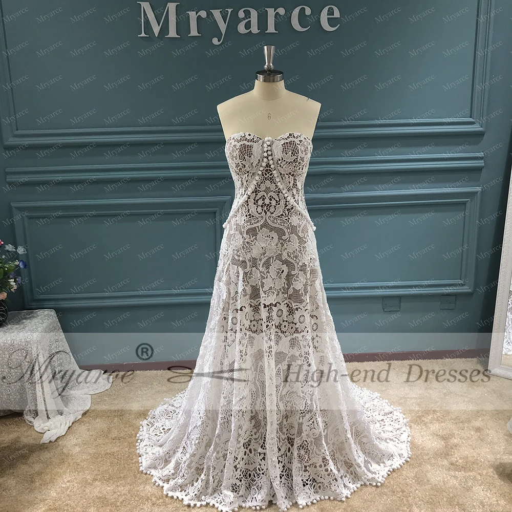 Mryarce Unique Wedding Dress 2019 Luxury Crochet Lace A Line Beau Gown A Line Boho Chic Bridal Gown Bell Sleeves  (3)