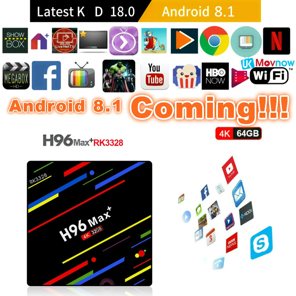 

H96 Max Plus Android TV BOX Android 8.1 Rockchip RK3328 Quad core 4GB RAM 64 ROM Bluetooth 4K 2.4G/5G WiFi Smart TV Media player