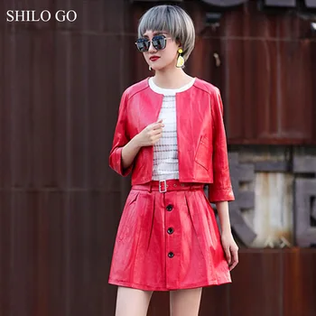 

SHILO GO Leather Suit Womens Spring Fashion sheepskin genuine leather Sets O Neck long sleeve colors concise jacket A Line skirt