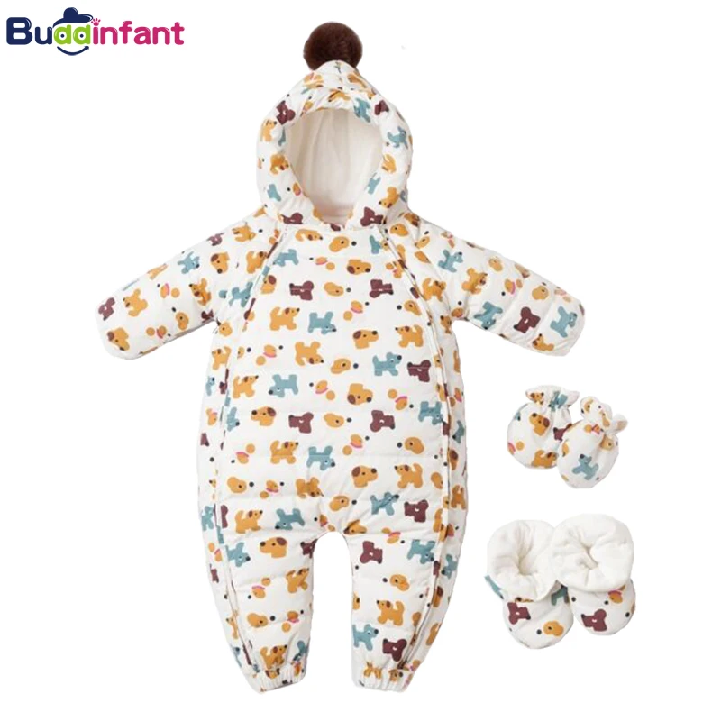 

White Duck down Snowsuit Baby Winter Jumpsuit Toddlers Clothes for Newborns Warm Overalls Animals Romper with Glove Foot Cover