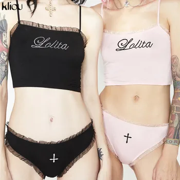 

Kliou 2019 girls Adjusted-straps camis with ruffles Bra Panties sexy two pieces set letter print Tank Top and Briefs 2 pcs sets