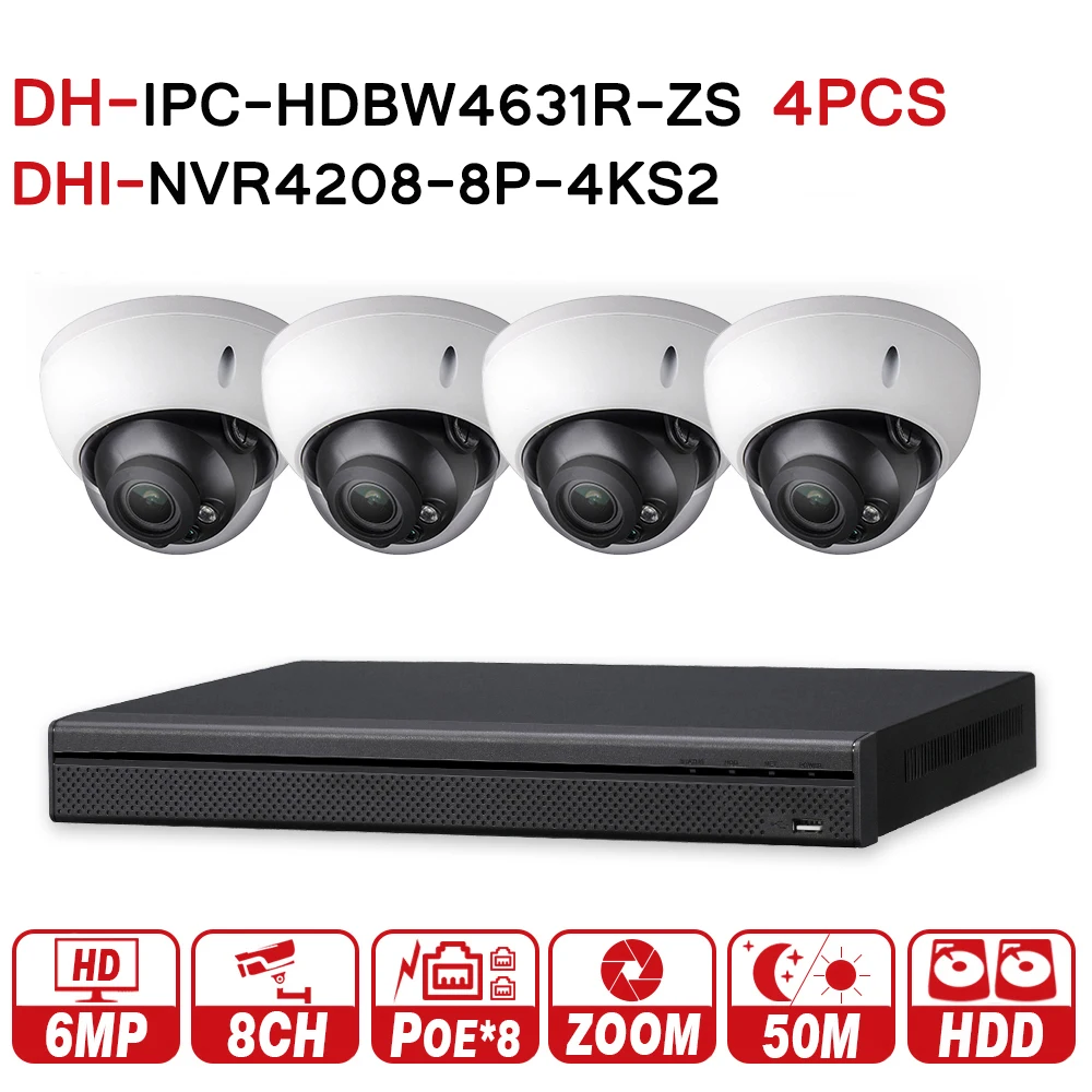 

DH Security CCTV System 4Pcs 6MP POE Zoom IP Camera IPC-HDBW4631R-ZS & 8POE 4K NVR NVR4208-8P-4KS2 Surveillance Security Kit