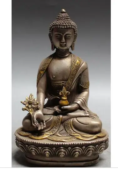 

decoration copper silver factory outlets 8" Tibet Tibetan Buddhist Silver Gilt Menla Medicine Shakyamuni Buddha Statue