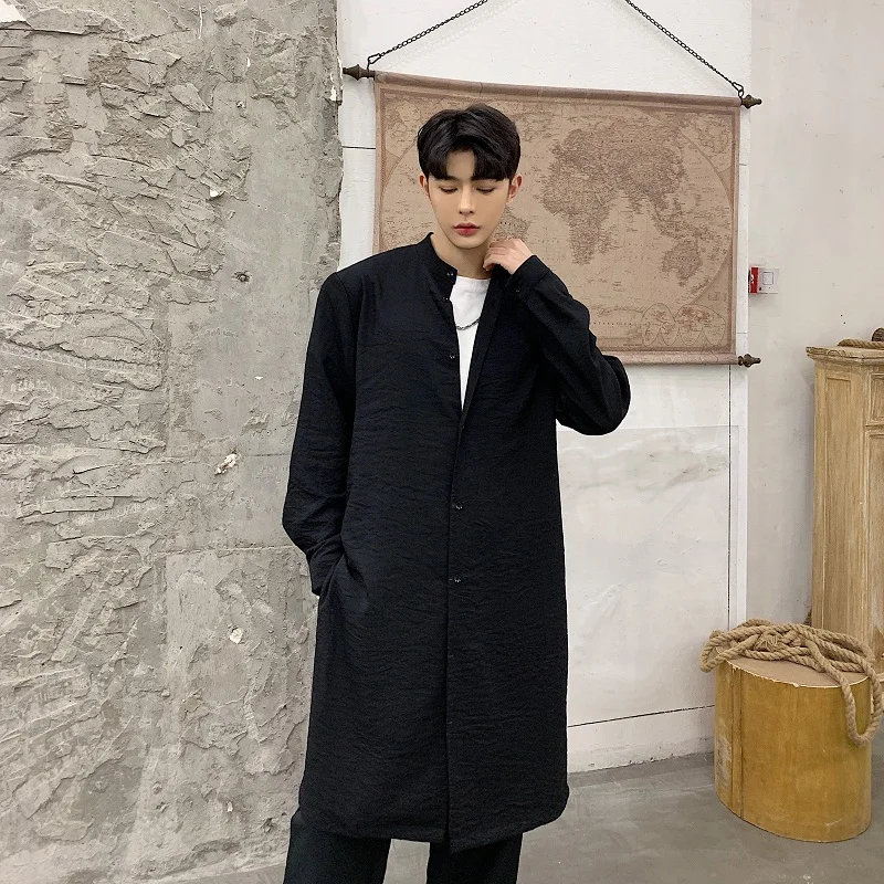 

New Male Streetwear Long Style Cardigan Black White Shirts Men New Stand Collar Long Sleeve Casual Linen Shirt