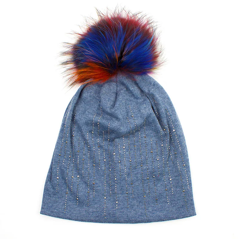Denim C Geebro осень женские круглые стразы Кепки из хлопка женские шапочки шляпа настоящий натуральный мех енота помпоны зима теплый помпон шляпа - Цвет: Denim C