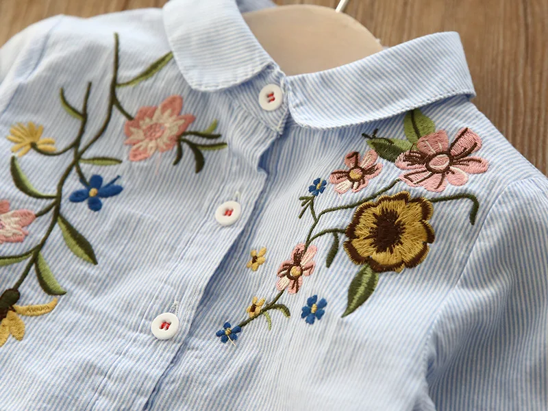 Рубашка для детей, блузка для девочек от 3 до 7 лет, хлопок, цветочный принт, белый, синий