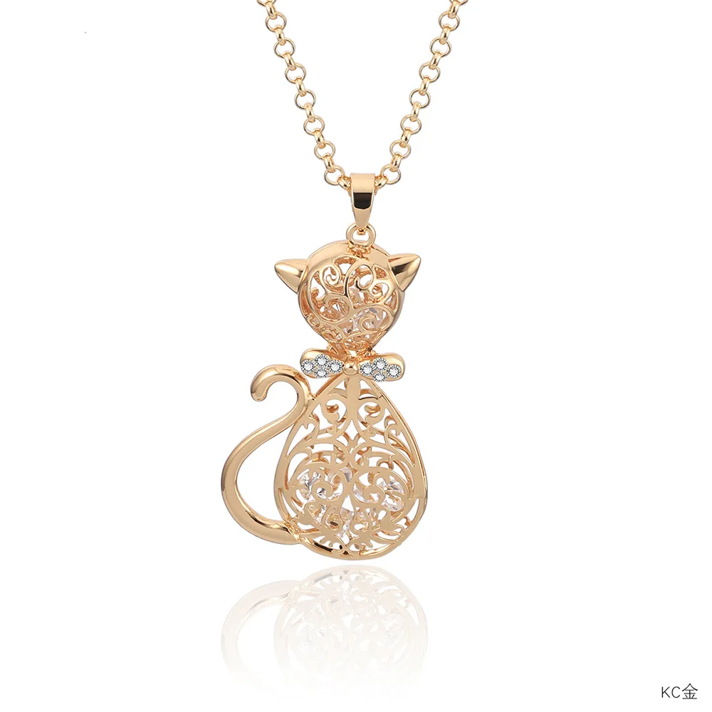 

Fanqieliu Cute Cat Pendant Necklace Gold Rhinestone Vintage 2018 New Long Sweater Chain Necklace For Women FQL10192