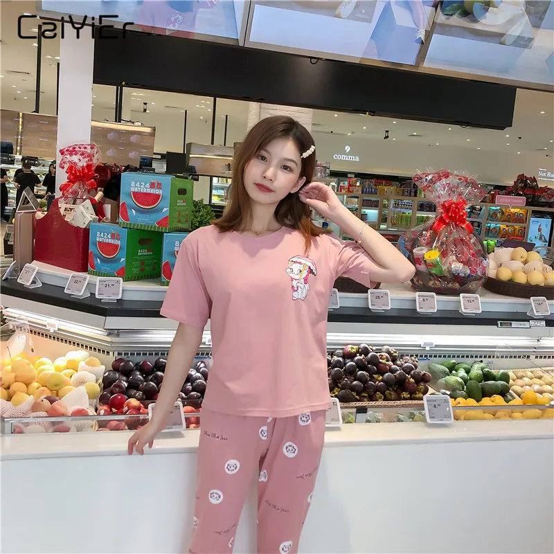 Caiyier/модные розовые пижамные комплекты с короткими рукавами и рисунком кота Милая одежда для сна с круглым вырезом летняя 2019 женская ночная