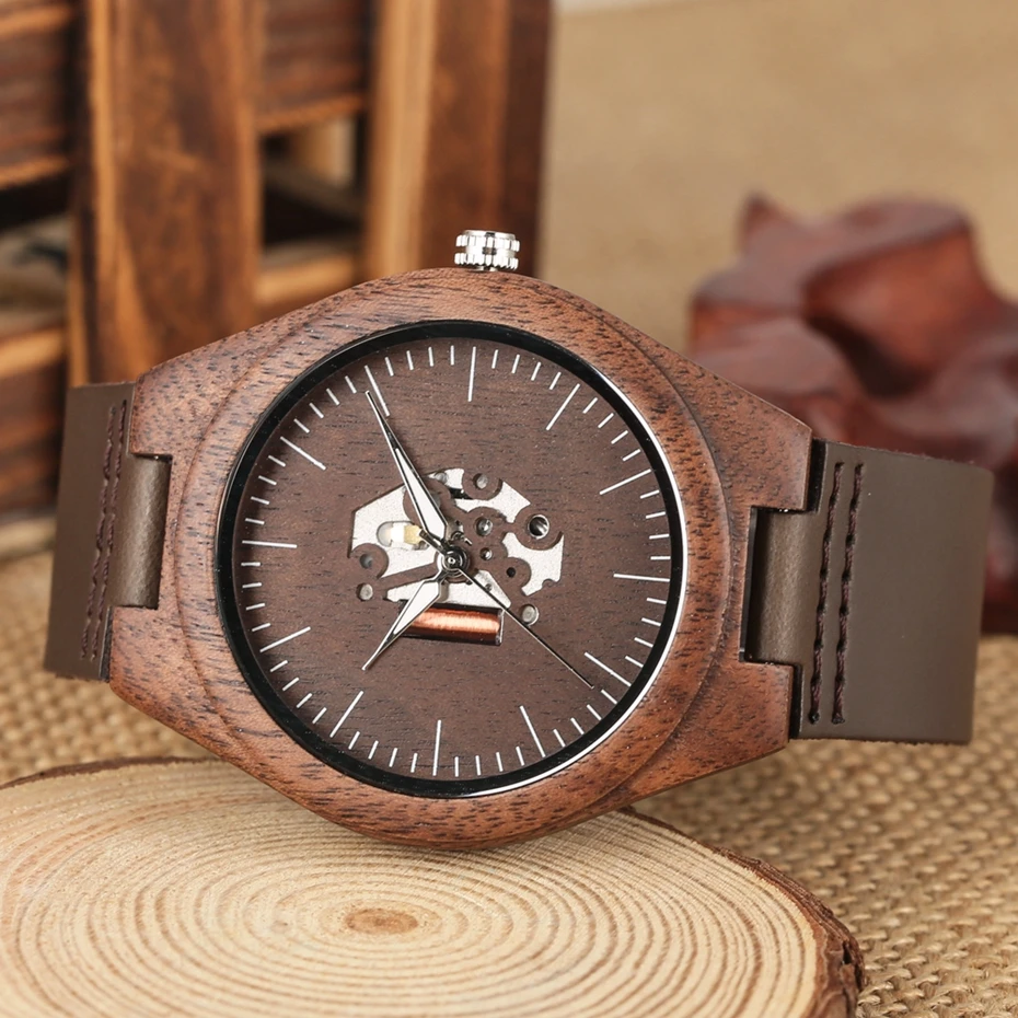 Топ любителей орехового дерева часы ретро полоса мужские скелет полый циферблат часы кожа креативные деревянные часы Подарки для мужчин и женщин