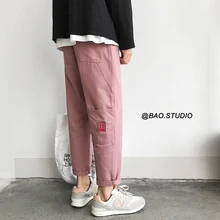2019 Man Casual Straight Harem Pants Streetwear Pink Pants Men Joggers Big Pockets Mens Sweatpants Loose Trousers