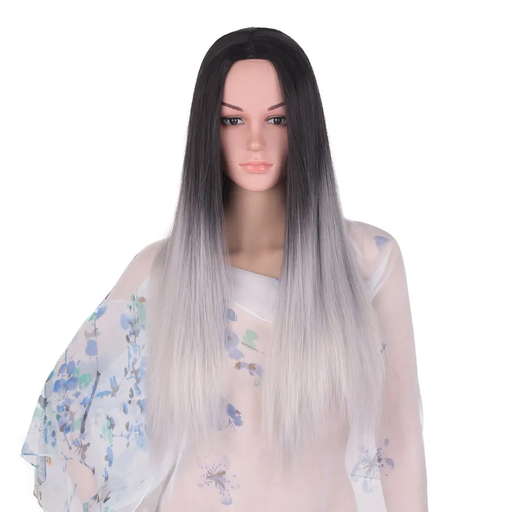 Feilimei Ombre Cosplay pelucas largas sintéticas pelo lacio rosa azul púrpura gris Rubio negro de color 24 pulgadas 280g completo la peluca
