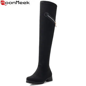 

MoonMeek big size 33-43 fashion autumn winter boots women zip over the knee boots black med heels elegant flock thigh high boots