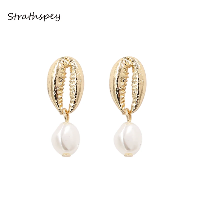 

STRATHSPEY Bohemia Pearl Earrings For Women Handmade Lip Conch Shell Earring Alloy SeaShell Earing Gold Color Jewelry