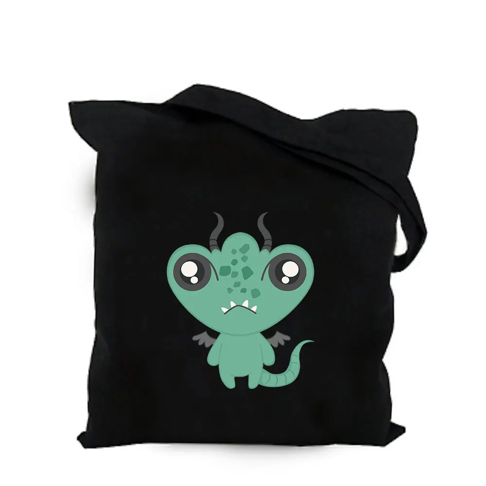 2019 cute space alien black cotton canvas bag customized kawaii girl tote bag custom shopping bags with logo for men or women  (5)