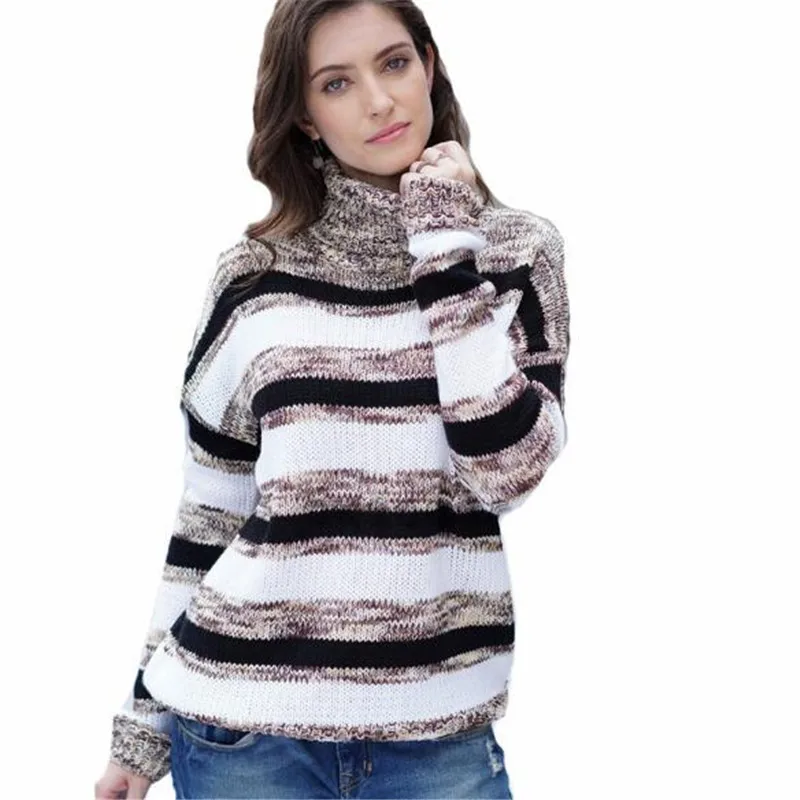 

2019 Autumn Winter Turtleneck Sweaters Women New Fashion Striped Knitted Pullovers Female Casual Loose Warm Jumper Knitwear