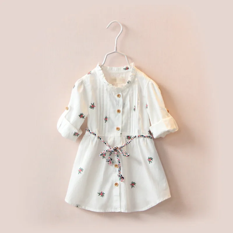 Spring Autumn 3 4 5 6 8 10 Years Children Cotton Embroidery Print Baby Kids Girls Long Short Sleeve White Dress With Belt