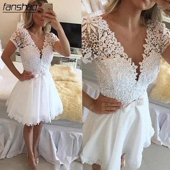 

White 2019 Lace Homecoming Dresses A-line V-neck Cap Sleeves Short Mini Lace Pearls Party Plus Size Party Gown