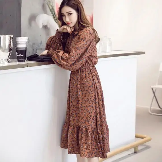 

Mori Girl 2019 Spring Women Elegant Pleated Dress Stand Collar Floral Print Femininos Vestidos Full Sleeve Vintage Dress AF873
