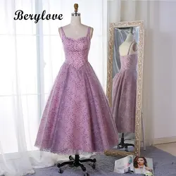BeryLove винтажный, до середины икры нарядное платье лавандового цвета 2018 сиреневый Кружева Милая Платья для выпускного Короткие