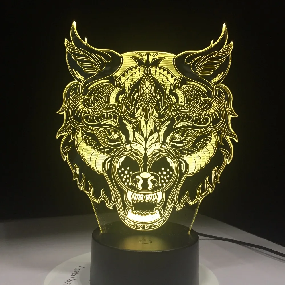 Новинка 3D иллюзия животное волк лицо светодиодный свет красочная настольная лампа как спальня ночные светильники для детей подарки на день рождения USB кабель