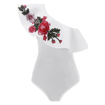

2018 Summer Embroidery Beach Overalls Women Bodysuit Sexy Ruffle Rompers White/Black Playsuits One shoulder Jumpsuit Femme AB368