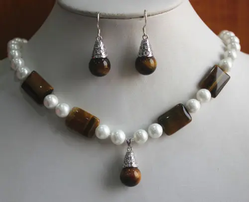 

Free Shipping >>>>> Fashion 8mm Mixed Color Shell Pearl/Tiger Eye Stone Necklace Earring Jewelry Set