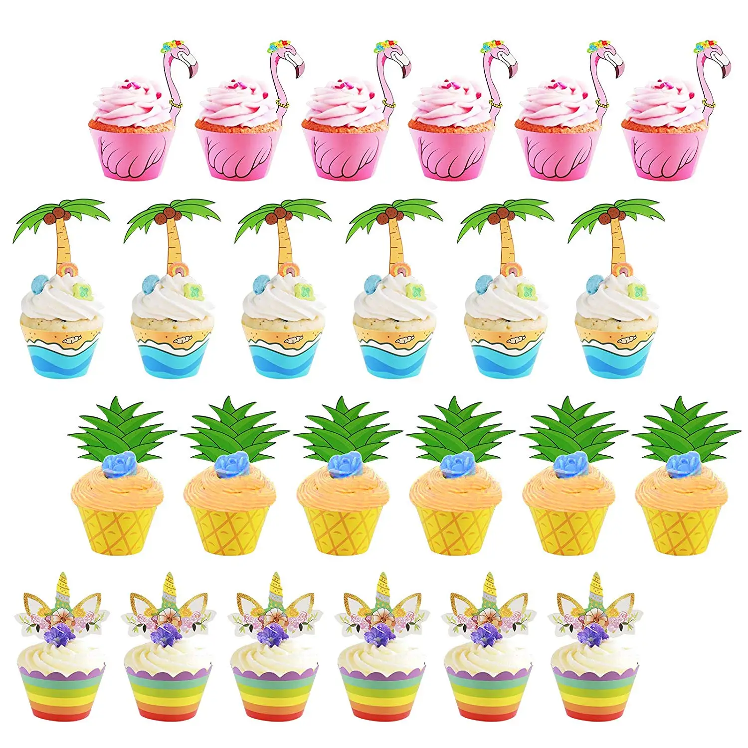 

METABLE 24 Sets Cupcake Topper Wrapper, Cupcake Tropical Hawaiian Pool Party Supplies Cake Decorations for Birthday Parties