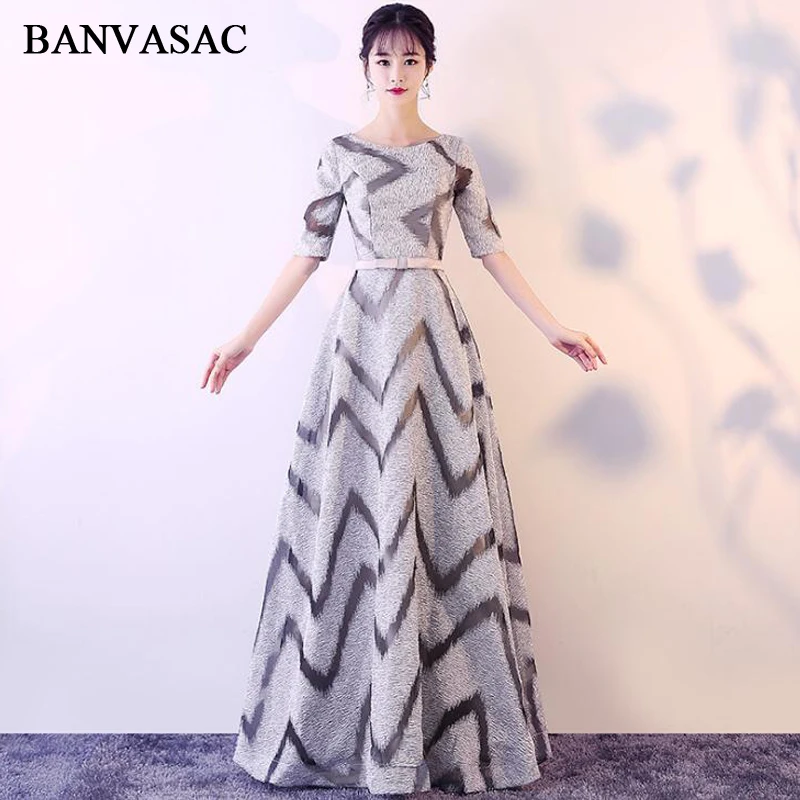 

BANVASAC O Neck 2018 Bow Sash Long Evening Dresses Elegant Party A Line Lace Half Sleeve Zipper Back Prom Gowns