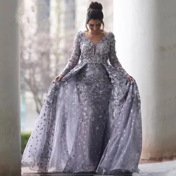 

Lilac Muslim Evening Dresses 2019 Mermaid V-neck Long Sleeves Tulle Lace Islamic Dubai Saudi Arabic Long Prom Evening Gown