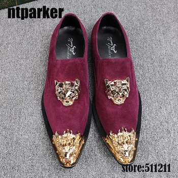 

ntparker Luxury Handmade Men Suede Leather Shoes Golden Metal Toe Wine Red Men Dress Shoes POP Business Party Shoes, Big EU38-46