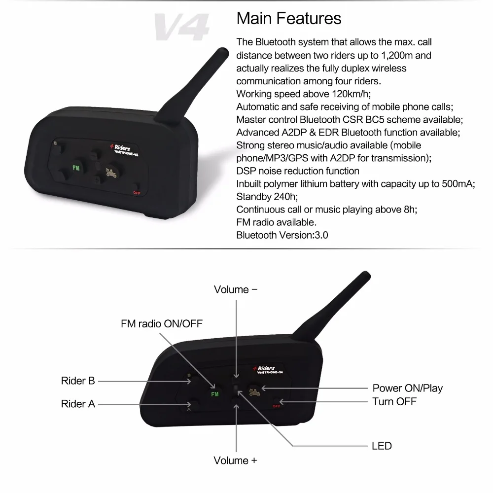 VNETPHONE 1200 м Мотоциклетный шлем Bluetooth гарнитура для домофона 4 всадника BT внутренняя связь с FM радио беспроводной интерком MP3