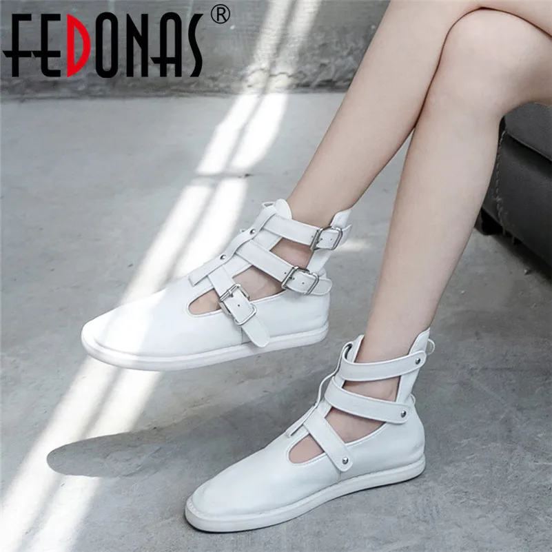 

FEDONAS New Party Shoes Woman Spring Autumn Buckle Western Boots Genuine Leather Women Ankle Boots Punk Casual Sandals Boots
