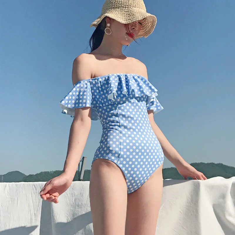 

Female Swimwear One Piece Bath Suits May For Women's Beach 2019 Bathing Korea Women Breasts Sexy Falbala Leak Back Animal